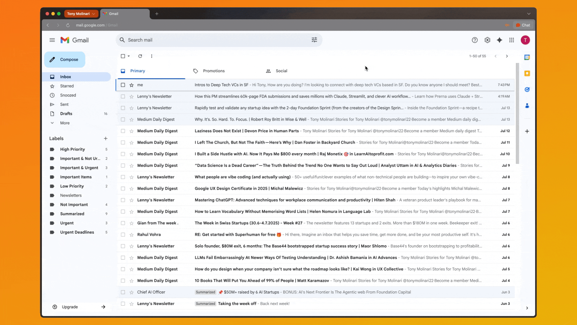 Keyboard shortcuts demonstration in Gmail interface