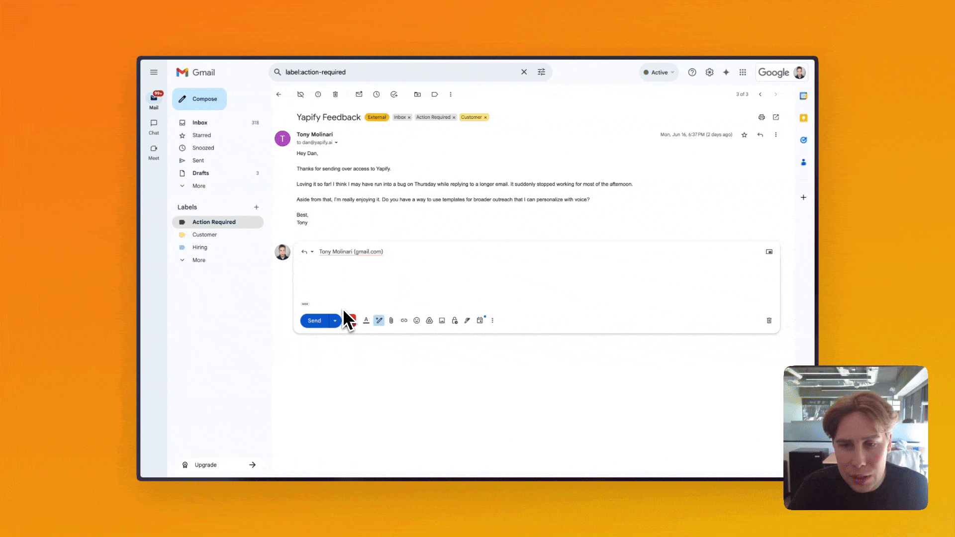 Yapify in action, showing how to yap an email